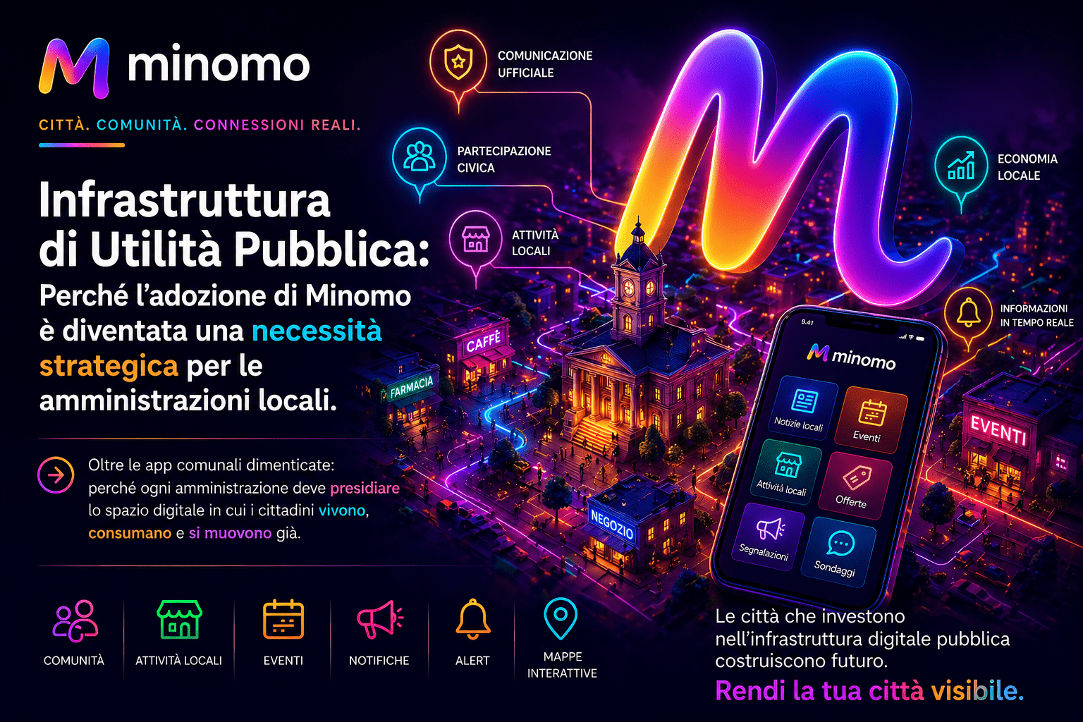 Perché l'adozione di Minomo è un dovere per ogni Comune: l'infrastruttura digitale a costo zero che connette istantaneamente cittadini, amministrazione e imprese.